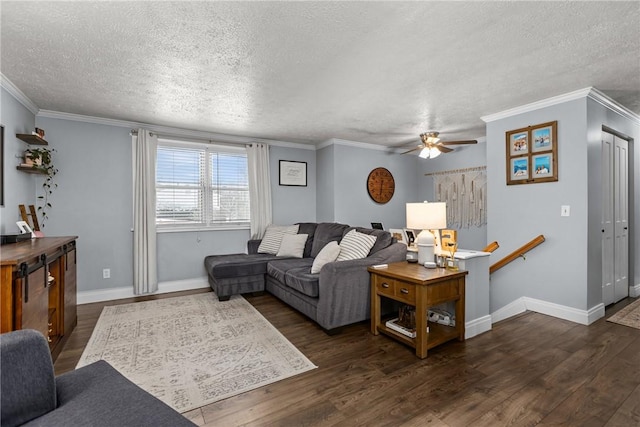 living room featuring a textured ceiling and crown molding