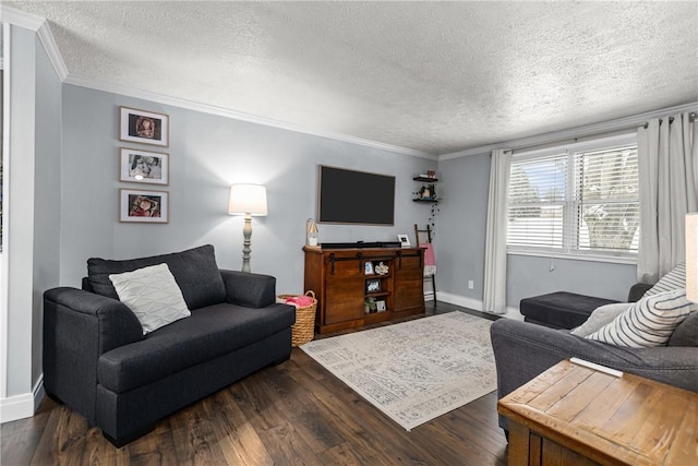 living room featuring a textured ceiling, dark hardwood / wood-style flooring, and ornamental molding