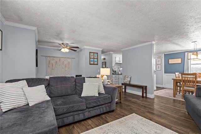 living room featuring dark wood-type flooring, ceiling fan with notable chandelier, ornamental molding, and a textured ceiling