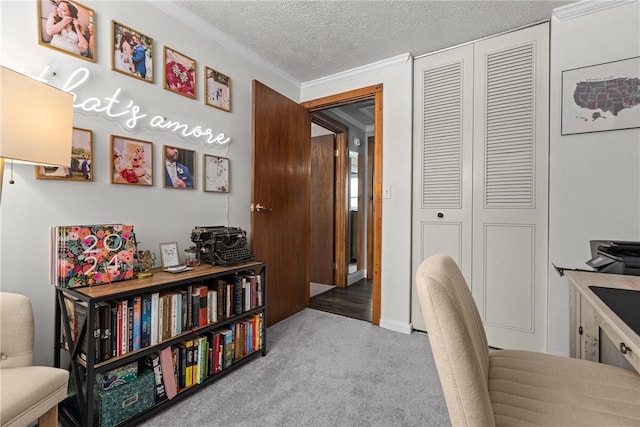 home office featuring light carpet, crown molding, and a textured ceiling