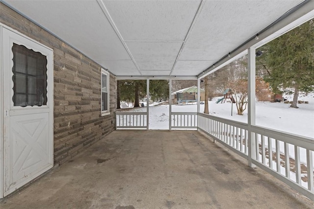 view of snow covered patio