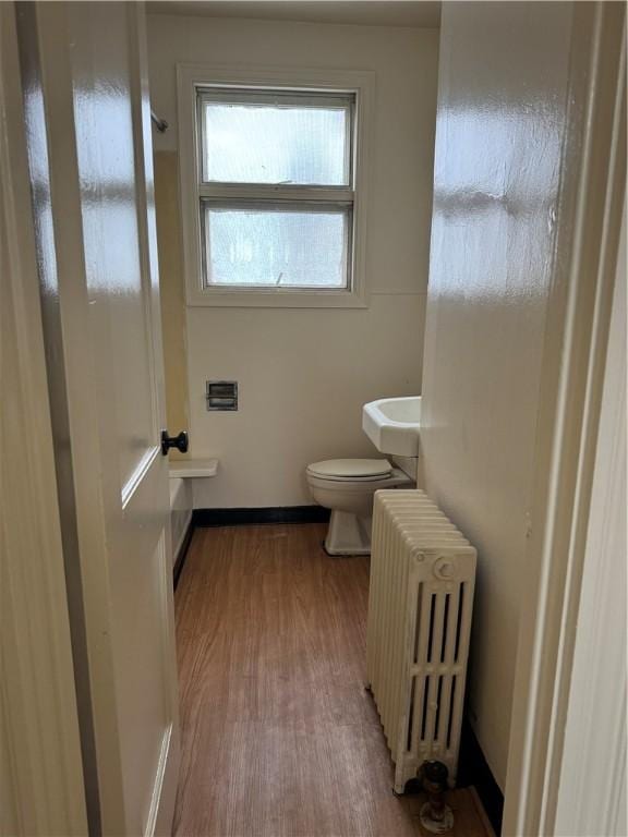 bathroom with radiator, toilet, and hardwood / wood-style flooring