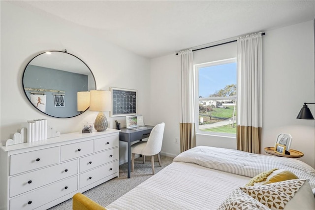 bedroom featuring light colored carpet