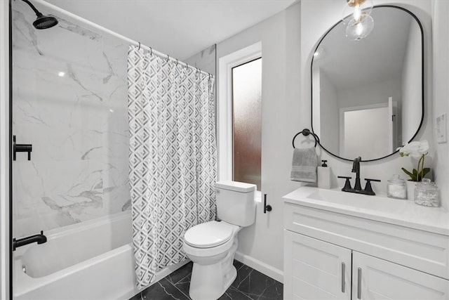 full bathroom with toilet, vanity, and shower / bathtub combination with curtain