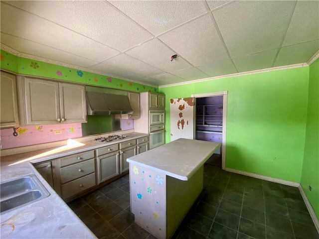 kitchen with a paneled ceiling, a kitchen island, stainless steel appliances, and sink