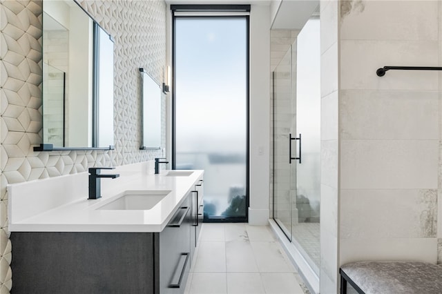 bathroom featuring vanity and walk in shower