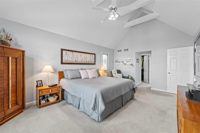 carpeted bedroom featuring ceiling fan, beamed ceiling, and high vaulted ceiling