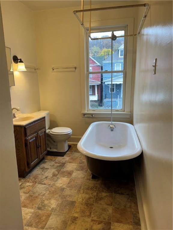 bathroom with toilet, vanity, and a bathing tub