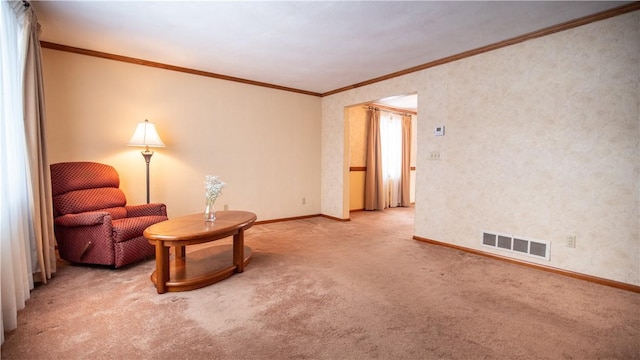 living area featuring crown molding and light carpet