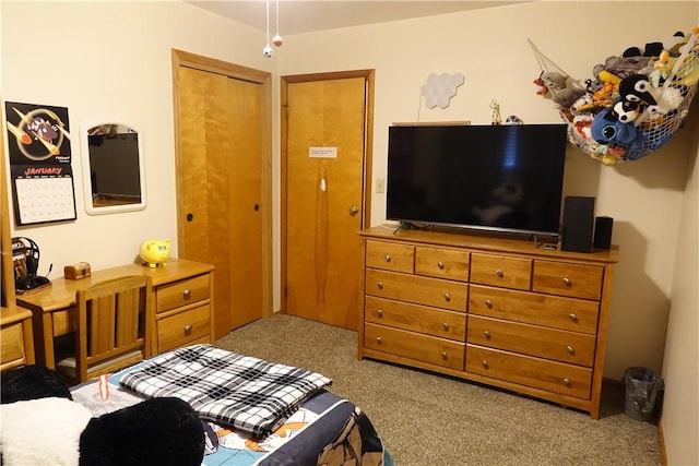 bedroom with a closet and light carpet