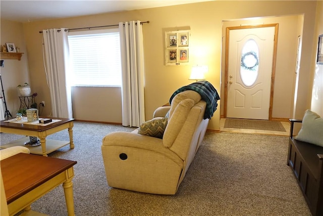 living room featuring light colored carpet