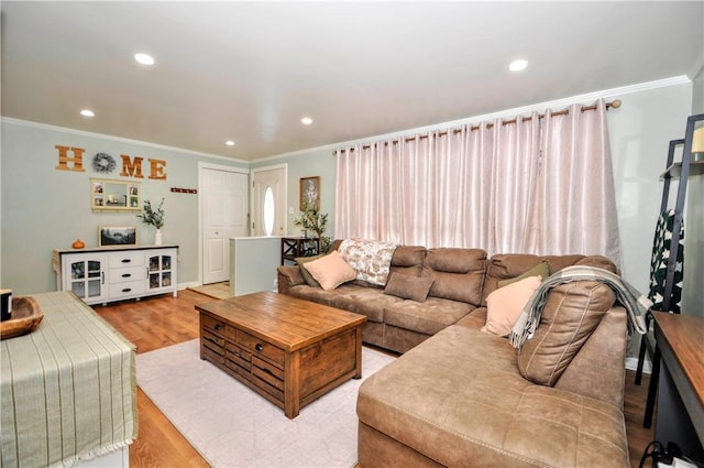 living room featuring light hardwood / wood-style flooring and crown molding