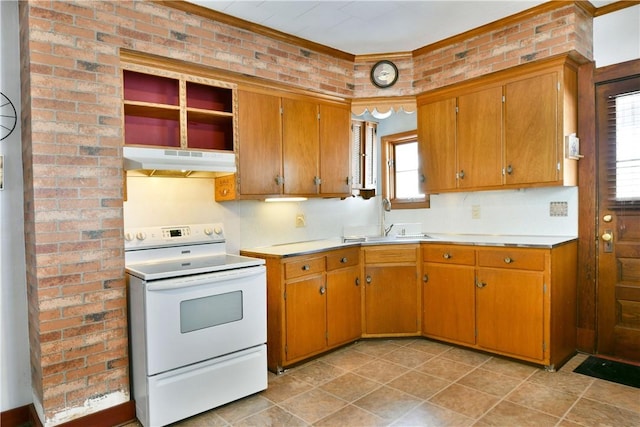 kitchen featuring brick wall, white electric range, and sink