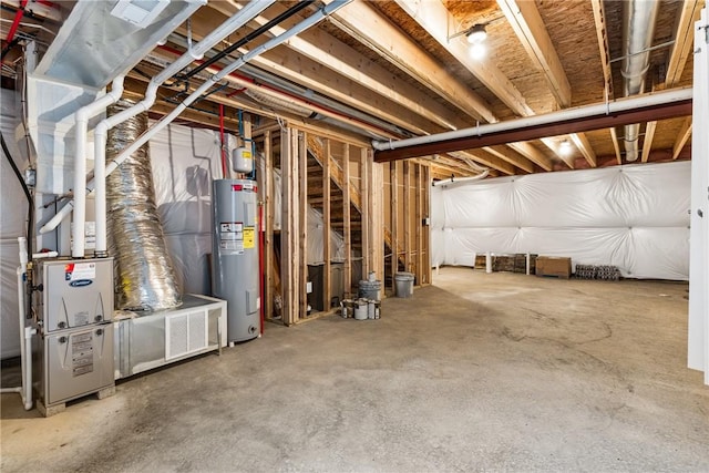 unfinished below grade area with stairway and electric water heater