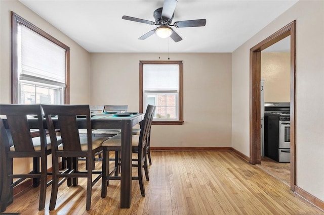 dining space with ceiling fan and light wood-type flooring