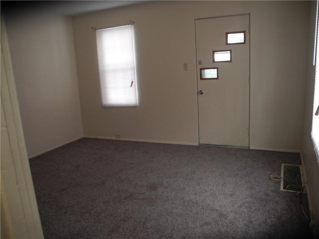 foyer featuring a healthy amount of sunlight and dark colored carpet