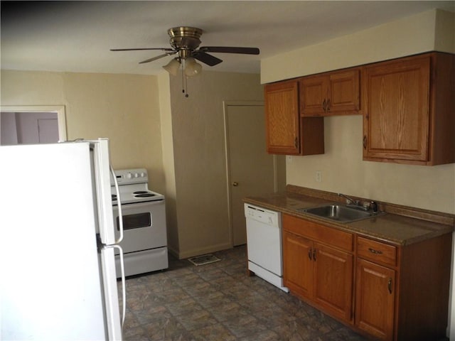 kitchen with ceiling fan, sink, and white appliances