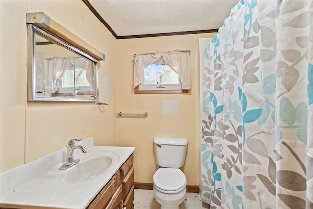 bathroom with toilet, vanity, ornamental molding, and a shower with curtain