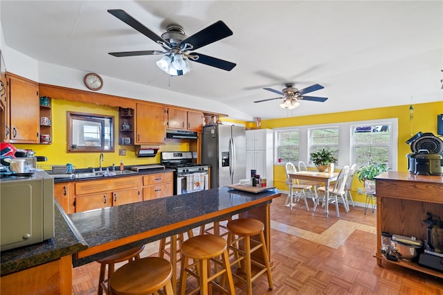 kitchen featuring appliances with stainless steel finishes, lofted ceiling, light parquet flooring, sink, and ceiling fan