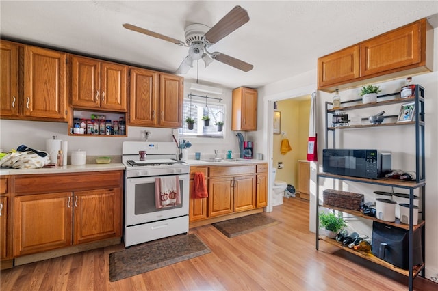 kitchen featuring light hardwood / wood-style floors, sink, ceiling fan, and white stove