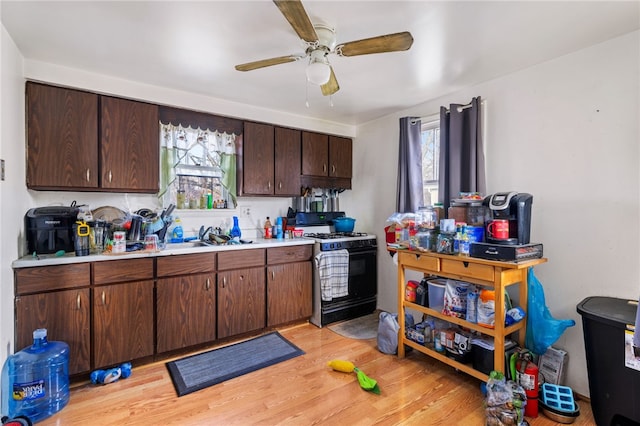 kitchen with light hardwood / wood-style floors, ceiling fan, gas range oven, dark brown cabinetry, and sink