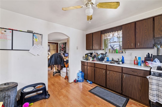 kitchen featuring dark brown cabinetry, light hardwood / wood-style floors, sink, ceiling fan, and stove