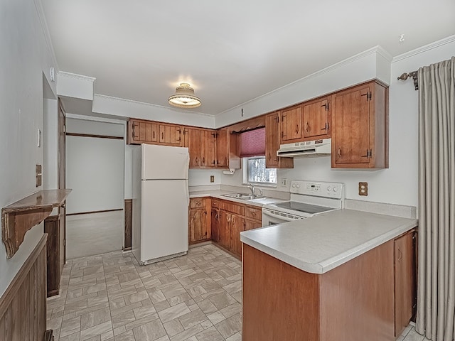 kitchen featuring crown molding, sink, white appliances, and kitchen peninsula