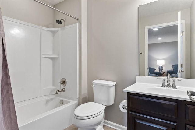 full bathroom with toilet, vanity, and shower / bath combination with curtain