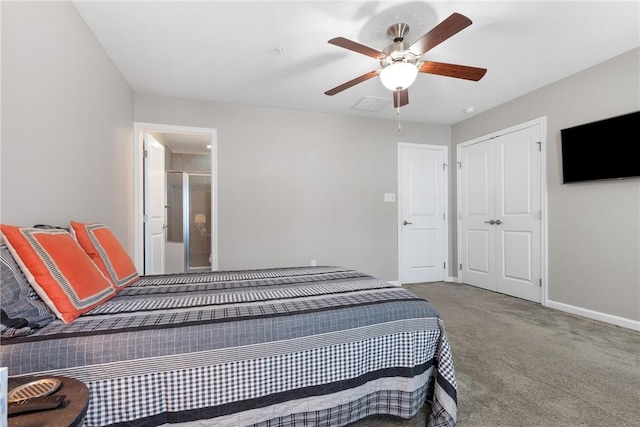 bedroom with ceiling fan, a closet, and carpet flooring