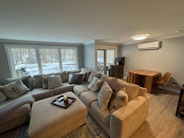 living room with ornamental molding, a wall mounted AC, and light hardwood / wood-style flooring