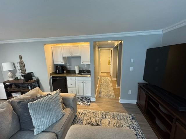 living room with sink, crown molding, and light hardwood / wood-style floors