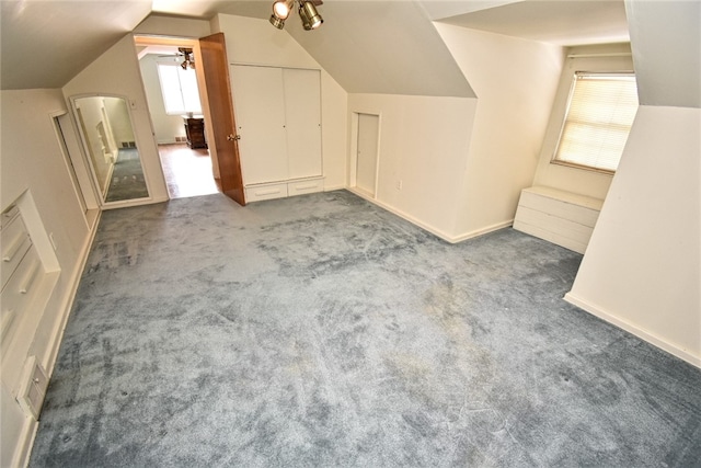 additional living space featuring ceiling fan, lofted ceiling, and carpet flooring