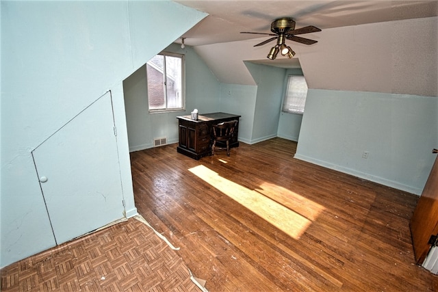 bonus room featuring vaulted ceiling, ceiling fan, and hardwood / wood-style floors