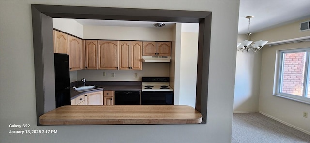 kitchen with electric stove, a notable chandelier, sink, black dishwasher, and hanging light fixtures