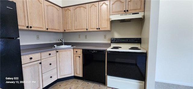 kitchen with light brown cabinetry, sink, light tile patterned floors, and black appliances