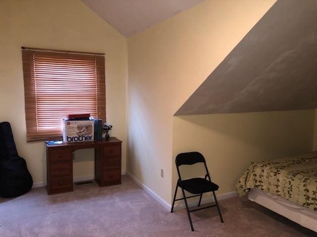 carpeted bedroom with lofted ceiling