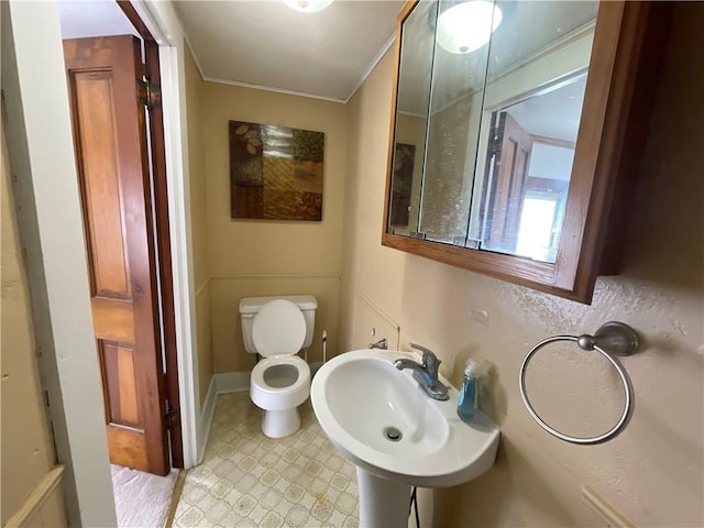 bathroom with sink, toilet, and ornamental molding