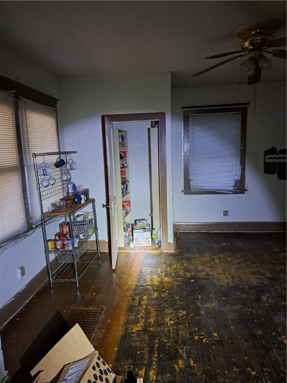 interior space featuring ceiling fan and dark wood-type flooring