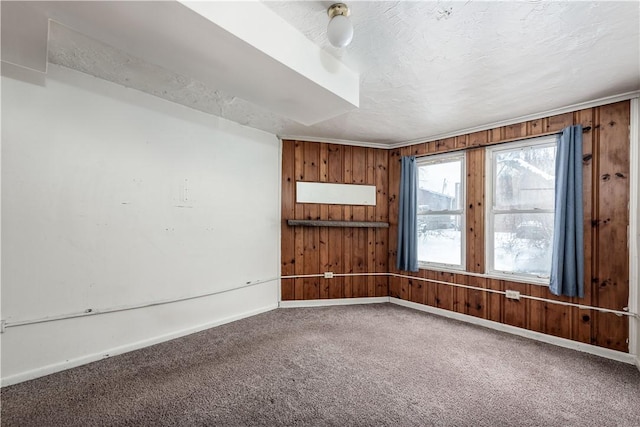 unfurnished room featuring a textured ceiling, carpet, and wood walls