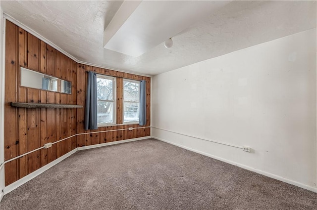 carpeted empty room featuring wooden walls