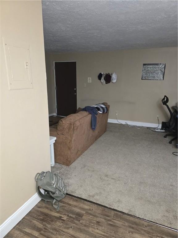 living room with a textured ceiling and hardwood / wood-style floors