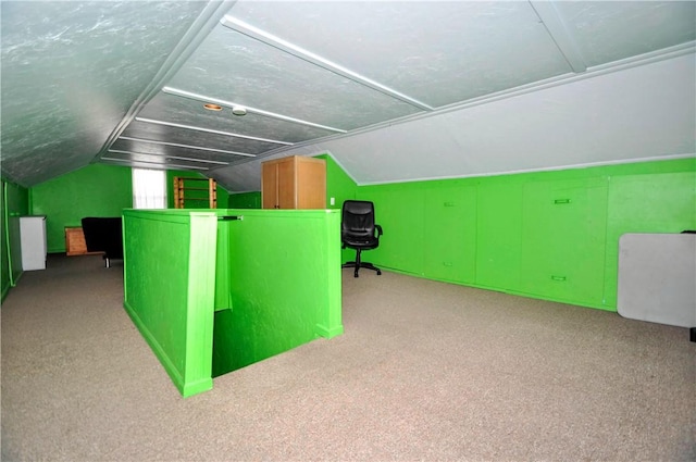 additional living space featuring light carpet, vaulted ceiling, and a textured ceiling