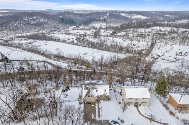 snowy aerial view featuring a mountain view