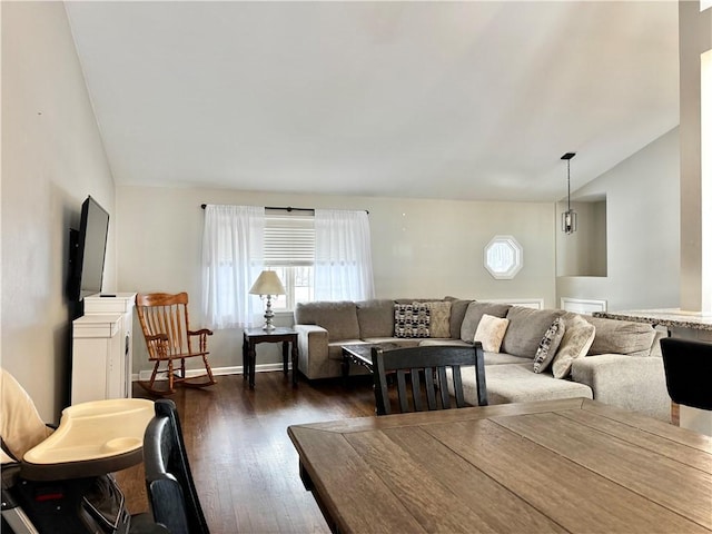 living room with lofted ceiling and dark hardwood / wood-style floors