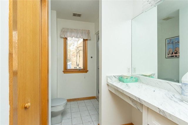 bathroom with toilet, tile patterned floors, and vanity