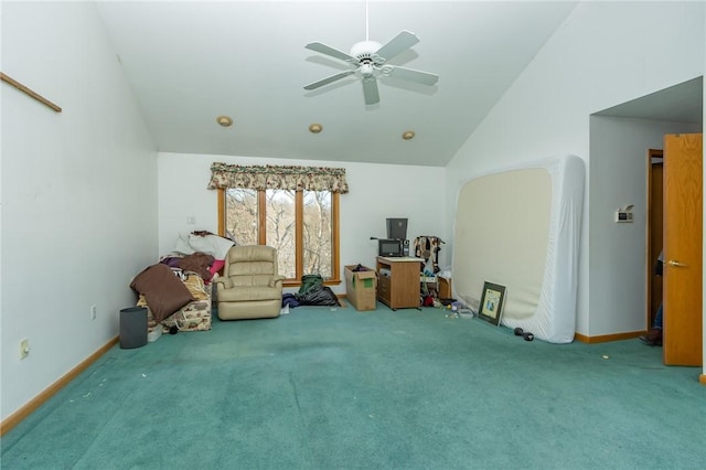 miscellaneous room featuring ceiling fan, carpet flooring, and high vaulted ceiling