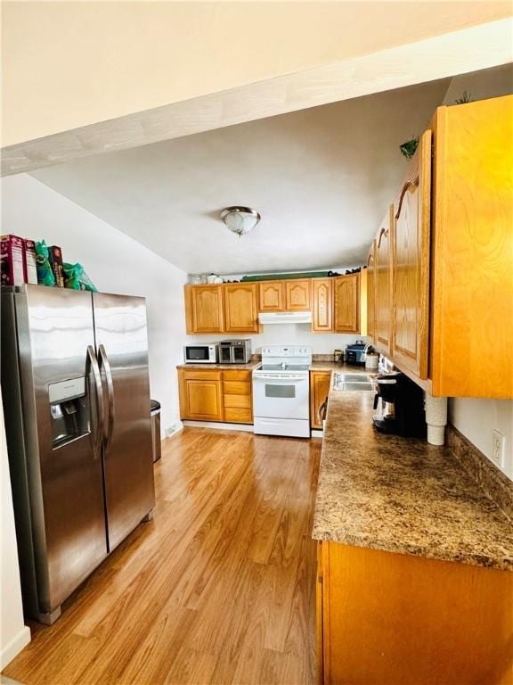 kitchen featuring light stone countertops, appliances with stainless steel finishes, sink, and light wood-type flooring