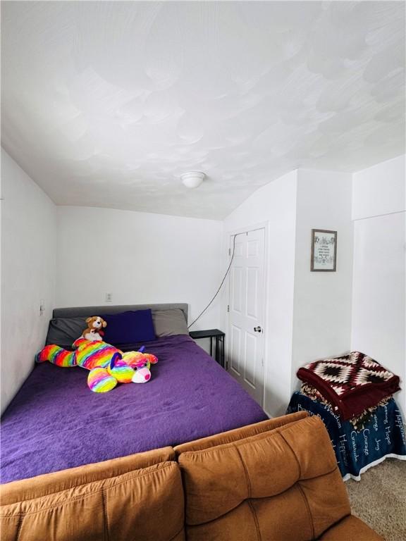 bedroom featuring vaulted ceiling and carpet floors