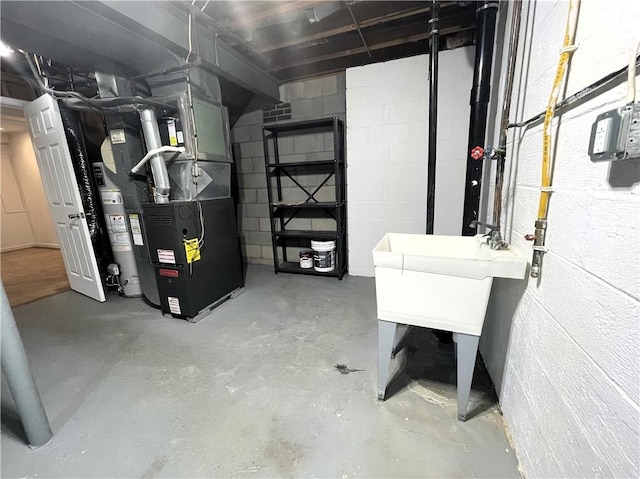 basement featuring heating unit