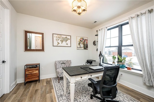 home office with hardwood / wood-style floors